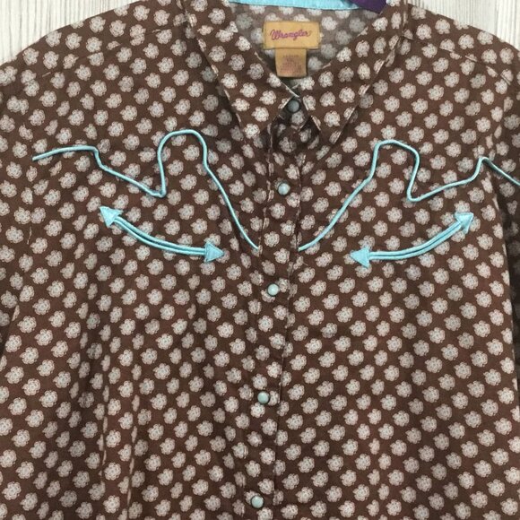 Wrangle Brown Turquoise Flower Print Western Yoke Snap Closure Cotton Blouse XXL - Picture 2 of 8